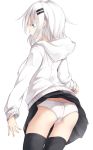  1girl ass black_legwear black_skirt blue_eyes cowboy_shot crotch_seam from_behind haegiwa hair_ornament hairclip highres hood hoodie lace-trimmed_panties long_sleeves miniskirt original panties pleated_skirt short_hair skirt skirt_lift solo standing thighhighs underwear white_hair white_panties wind wind_lift 