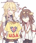  2girls blonde_hair blush brown_hair closed_eyes fourth_of_july gift glaring heart highres iowa_(kantai_collection) kantai_collection kongou_(kantai_collection) kvlen long_hair multiple_girls shirt t-shirt 