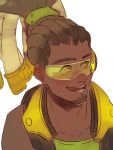  1boy beard blush brown_eyes brown_hair collarbone dark_skin facial_hair goatee hair_ornament hair_tie hairlocs high_ponytail long_hair lucio_(overwatch) male_focus open_mouth overwatch ponytail simple_background smile solo tank_top upper_body visor white_background 