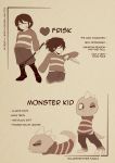  bandaid bandaid_on_face black_eye boots character_name character_sheet closed_eyes english faceplant frisk_(undertale) heart highres injury knee_boots knife monochrome monster_kid_(undertale) no_arms one_eye_closed polaris_(polarissketches) shirt shorts stick striped striped_shirt sweater tail undertale watermark web_address 