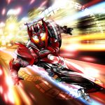  1boy armor belt character_name city city_lights glowing glowing_eyes helmet highres kamen_rider kamen_rider_drive kamen_rider_drive_(series) kameren male male_focus sliding solo tire type_tridoron yellow_eyes 