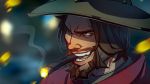  1boy beard brown_eyes brown_hair cape cigar cowboy_hat face facial_hair gloves hat highres male_focus mccree_(overwatch) mustache overwatch red_cape smoking solo teeth teeth_hold 