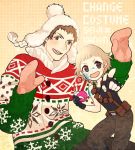  2016 2boys black_gloves blonde_hair brown_eyes brown_hair character_name cosplay costume_switch dog_tags fingerless_gloves gloves green_eyes himeno_kanon idolmaster idolmaster_side-m male_focus mittens multiple_boys paint pointing pointing_at_viewer shingen_seiji sweater tank_top winter_clothes 