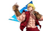  1boy abs blonde_hair come_at_me_bro eyebrows fighting_stance fingerless_gloves gloves highres ken_masters male_focus muscle navel open_clothes salaiix short_hair sleeveless solo street_fighter thick_eyebrows 