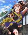  &gt;_&lt; 1girl 3boys artist_request blush brown_hair female idolmaster idolmaster_million_live! long_hair male multiple_boys ninja purple_eyes side_ponytail sky solo_focus yokoyama_nao 