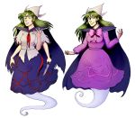  bow cape dress extra_arms full_body ghost_tail green_eyes green_hair hat highly_responsive_to_prayers highres knife long_hair mima moonywitcher multiple_girls purple_bow purple_dress red_ribbon ribbon smile solo spirit story_of_eastern_wonderland third_arm touhou touhou_(pc-98) 