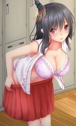  1girl bare_shoulders blush bra breasts changing_clothes changing_room cleavage commentary_request eyebrows hair_ornament kantai_collection large_breasts looking_at_viewer open_mouth red_eyes red_skirt short_hair skirt solo tapisuke underwear yamashiro_(kantai_collection) 