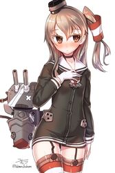  1girl alternate_costume amatsukaze_(kantai_collection) amatsukaze_(kantai_collection)_(cosplay) bandaged_head bandages bandaid blush brown_eyes brown_hair buttons choker cosplay dress garter_straps girls_und_panzer gloves hair_tubes hat kantai_collection lifebuoy long_hair long_sleeves one_side_up red_legwear rensouhou-kun sailor_collar sailor_dress shimada_arisu short_dress side_ponytail single_glove striped striped_legwear thigh-highs twitter_username white_gloves windsock yukimura_tsubame zettai_ryouiki 