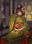  1girl brown_hair cage closed_mouth flower full_body furisode hand_in_hair head_tilt holding japanese_clothes kimono light_smile looking_at_viewer mask_on_head noh_mask obi oni_mask original petals photo_(object) picture_frame red_eyes rwael sash seiza sitting solo tatami 