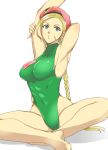  1girl armpits arms_up barefoot beret blonde_hair blue_eyes braid breasts cammy_white hat highleg highleg_leotard highres indian_style leotard long_hair medium_breasts puckered_lips scar sitting skin_tight solo street_fighter stretch takehana twin_braids 