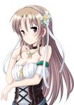  1girl aiyoku_no_eustia breasts brown_hair cleavage collar collarbone dress eris_floraria flower hair_flower hair_ornament jewelry long_hair looking_at_viewer necklace simple_background solo strapless strapless_dress violet_eyes white_background yoshikita_popuri 