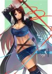  10hmugen 1girl black_hair blue_eyes breasts cleavage dog_tags dual_wielding heterochromia large_breasts long_hair original parted_lips red_eyes solo sword thigh-highs weapon 