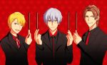  3boys ;) blonde_hair brown_eyes brown_hair facial_hair food formal hazama_michio holding holding_food idolmaster idolmaster_side-m looking_at_viewer looking_away maita_rui male_focus multiple_boys necktie one_eye_closed pocky pocky_day red_background s.e.m silver_hair smile suit yamashita_jirou yellow_eyes 