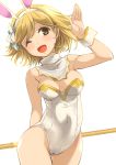  1girl ;d animal_ears bare_shoulders blonde_hair breasts cleavage covered_navel detached_collar djeeta_(granblue_fantasy) fake_animal_ears granblue_fantasy one_eye_closed open_mouth rabbit_ears sage_(granblue_fantasy) short_hair simple_background smile solo white_background yellow_eyes yuu_(kfc) 