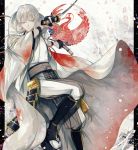  1boy abandon_ranka black_gloves blood bloody_clothes gloves highres hood japanese_clothes katana male_focus partly_fingerless_gloves petals sandals sheath sword tabi touken_ranbu tsurumaru_kuninaga weapon white_hair yellow_eyes 