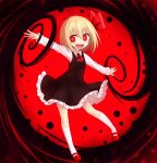 1girl ascot blonde_hair blush darkness fang full_body hair_ribbon kneehighs long_sleeves looking_to_the_side mary_janes miruki open_mouth outstretched_arms red_background red_eyes ribbon rumia shirt shoes short_hair skirt skirt_set smile solo touhou vest white_legwear 