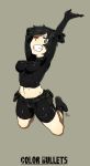  1girl abs arms_up belt bike_shorts black_eyes black_hair boots breasts covered_nipples grin highres kamezaemon midriff navel one_eye_closed original pouch short_hair smile solo 