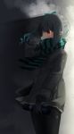  1girl aqua_ribbon black_gloves black_legwear brown_eyes comah gloves grey_hair hair_ribbon holding kantai_collection kasumi_(kantai_collection) pantyhose ribbon scarf scarf_over_mouth solo striped striped_scarf 