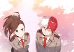  1boy 1girl black_hair boku_no_hero_academia burn_scar cherry_blossoms heterochromia long_hair multicolored_hair petals redhead saran school_uniform short_hair todoroki_shouto two-tone_hair white_hair yaoyorozu_momo 