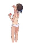  1girl ass back bare_shoulders bikini blush breasts brown_hair closed_eyes eating food frilled_bikini frills fruit hair_bobbles hair_ornament holding holding_fruit legs looking_up one-piece_tan open_mouth original sekiya_asami short_hair sideboob simple_background small_breasts solo sweat sweatdrop swimsuit tan tanline thighs watermelon white_background white_bikini white_swimsuit 