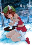  1girl absurdres animal_ears bloomers bow bowtie breasts brown_hair cat_ears cat_tail chen cleavage closed_mouth crossed_arms fangs frown full_body highres huge_filesize iwashigumo loafers multiple_tails navel nekomata no_bra outdoors plant red_eyes red_shoes red_vest shoes single_shoe sitting skirt snow socks solo stomach tail teeth torn_clothes torn_skirt torn_vest touhou tree two_tails underwear white_legwear winter yellow_bow yellow_bowtie yokozuwari 