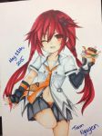  1girl absurdres colored_pencil_(medium) hair_ornament hairclip highres long_hair looking_at_viewer necktie neptune_(series) one_eye_closed pudding red_eyes redhead signature sketch smile solo tennouboushi_uzume_(choujigen_game_neptune) traditional_media twintails 