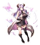  1girl ajishio bare_shoulders breasts butterfly granblue_fantasy hair_over_one_eye legs long_hair looking_at_viewer narumeia_(granblue_fantasy) purple_hair sideboob simple_background smile solo thighs violet_eyes 