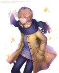  1boy blonde_hair coat denim green_eyes jacket jeans looking_at_viewer male_focus pants scarf short_hair signature slapmyface solo star sweater watermark web_address white_background 