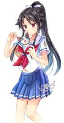  1girl black_hair cat gleision_adain high_school_fleet long_hair miniskirt munetani_mashiro ponytail red_eyes school_uniform serafuku short_sleeves skirt tamonmaru_(haifuri) 