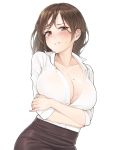  1girl absurdres ameyame blush breasts brown_eyes brown_hair brown_skirt buttons cleavage clenched_teeth collared_shirt cowboy_shot crossed_arms dress_shirt dripping frown head_tilt highres large_breasts long_hair long_sleeves looking_at_viewer mole mole_on_breast no_bra pencil_skirt shirt simple_background skirt solo sweat sweating teeth unbuttoned unbuttoned_shirt wet wet_clothes white_background wing_collar 