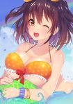  1girl ball beachball bikini black_hair blush bracelet breast_rest breasts brown_eyes cleavage commentary_request jewelry large_breasts looking_at_viewer matarou_(genkai_toppa) open_mouth orange_bikini original short_hair smile solo swimsuit two_side_up water wet wink 