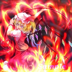  &gt;:d 1girl :d ascot blonde_hair commentary_request crystal fang fire flandre_scarlet hat hat_ribbon highres laevatein looking_at_viewer mob_cap open_mouth puffy_short_sleeves puffy_sleeves red_eyes red_skirt ribbon sample short_sleeves side_ponytail skirt skirt_set smile solo touhou tsurime wings wrist_cuffs zephid 