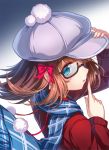  1girl amami_haruka blue_eyes blush brown_hair cabbie_hat finger_to_mouth from_behind glasses hair_ribbon hat highres idolmaster looking_at_viewer looking_back miazi open_mouth ribbon scarf semi-rimless_glasses short_hair solo 