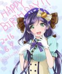  big_breasts birthday blush dress gloves green_eyes headdress long_hair love_live!_school_idol_project low_twintails smile toujou_nozomi twintails violet_hair 