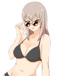  1girl adjusting_sunglasses bangs bikini black_bikini blue_eyes breasts cleavage egooo girls_und_panzer itsumi_erika long_hair looking_at_viewer medium_breasts parted_lips silver_hair simple_background solo standing sunglasses swimsuit upper_body white_background 