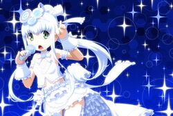  1girl aoki_hagane_no_arpeggio blue_hair dress frills green_eyes highres idol iona kamo_3 long_hair microphone solo sparkle thigh-highs 