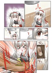  &gt;_&lt; 1girl brown_eyes closed_eyes commentary hairband hakama hakama_skirt headband japanese_clothes kantai_collection long_hair muneate ouno_(nounai_disintegration) red_ribbon red_skirt ribbon shoukaku_(kantai_collection) skirt solo sweatdrop white_hair yugake 