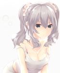  1girl black_eyes breasts cleavage collarbone hair_ornament highres inushi kantai_collection kashima_(kantai_collection) long_hair looking_at_viewer shirt silver_hair simple_background solo twintails white_background white_shirt 