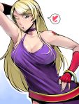  1girl bare_shoulders belt blue_eyes bonne_jenet bracelet breasts choker cleavage fingerless_gloves gloves heart highres jewelry large_breasts mark_of_the_wolves misonou_hirokichi one_eye_closed simple_background solo spoken_heart tattoo the_king_of_fighters white_background 