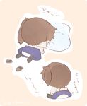  1girl brown_hair chibi commentary from_behind geta ina_(1813576) japanese_clothes kaga_(kantai_collection) kantai_collection long_hair pillow side_ponytail simple_background skirt solo translated 
