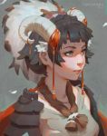  1girl armor artist_name bangs black_hair blunt_bangs cape closed_mouth collarbone expressionless facepaint green_eyes grey_background guweiz horn_ribbon horns japanese_armor original portrait red_cape red_ribbon ribbon shoulder_pads simple_background solo tassel 