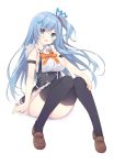  1girl absurdres black_legwear blue_eyes blue_hair blue_ribbon character_request hair_ornament hair_ribbon highres long_hair looking_at_viewer miko_92 one_side_up open_mouth ribbon simple_background sitting solo thigh-highs white_background 