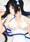  bell black_hair blue_eyes blue_ribbon breasts cleavage cleavage_cutout dress dungeon_ni_deai_wo_motomeru_no_wa_machigatteiru_darou_ka hair_bell hair_ornament hair_ribbon hestia_(danmachi) kazakami_yuu large_breasts lips long_hair looking_at_viewer lying on_back ribbon sleeveless sleeveless_dress twintails upper_body white_dress 