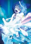  1girl absurdres blue_eyes blue_hair cirno crying crying_with_eyes_open glowing highres ice ice_wings outstretched_arm outstretched_hand panties pantyshot solo tears tomiccho torn_clothes touhou underwear wings 
