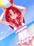  1girl :o akagi_towa armpits arms_up ball balloon beach beachball chocokin go!_princess_precure long_hair looking_at_viewer ocean one-piece_swimsuit open_mouth precure red_eyes redhead signature solo swimsuit white_swimsuit 
