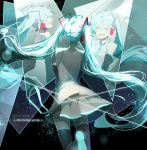  1girl aqua_eyes aqua_hair detached_sleeves from_behind hatsune_miku headphones highres light_particles long_hair necktie open_mouth profile reflection saihate_(artist) smile solo standing standing_on_one_leg thigh-highs twintails vocaloid 