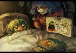  2girls bed book frog green_hair kochiya_sanae koto_inari multiple_girls short_hair snake touhou yasaka_kanako 