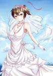  1girl absurdres alternate_costume breasts brown_eyes brown_hair cleavage collar dress flower gloves hair_flower hair_ornament highres jayce_(shinmai) jewelry kaga_(kantai_collection) kantai_collection long_hair necklace one_side_up short_hair signature solo wedding_dress white_dress white_gloves 
