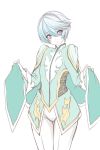  1boy blue_hair blush clothes_lift holding looking_at_viewer male_focus maromarone mikleo_(tales) short_hair solo tales_of_(series) tales_of_zestiria violet_eyes white_background white_hair 