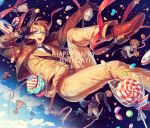  1boy alien america_(hetalia) american_flag axis_powers_hetalia belt birthday blonde_hair blue_eyes candy child circus66 commentary_request cupcake dated doughnut food fourth_of_july glasses gloves hamburger happy_birthday jacket jelly_bean lollipop male_focus multiple_persona necktie open_mouth sam_browne_belt short_hair smile solo tony_(hetalia) ufo v younger 